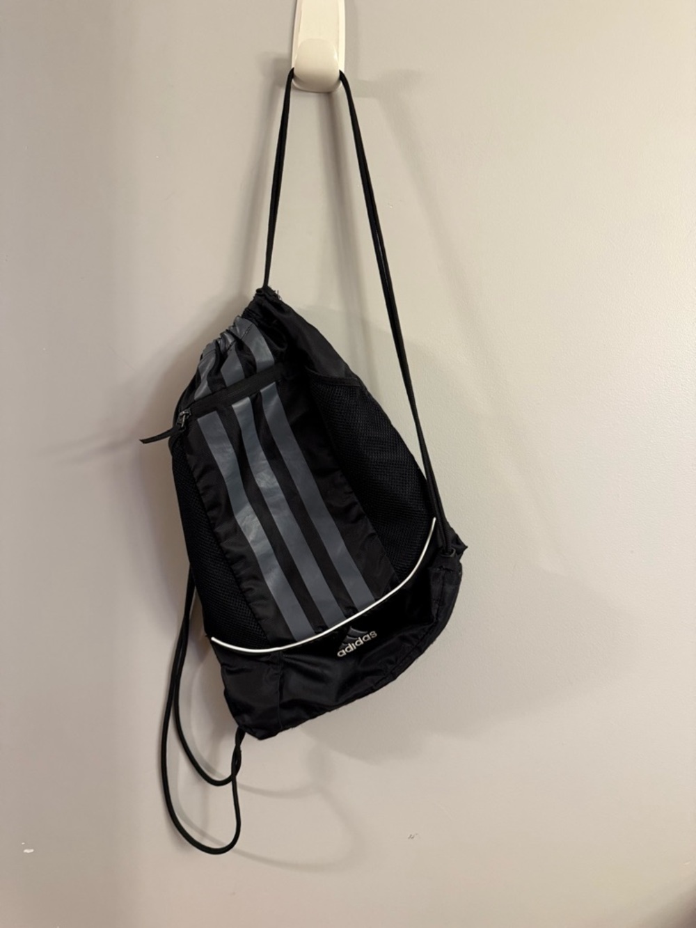 Adidas Black Reflective Stripe Drawstring Backpack Gym Sack Zip Pocket Bag